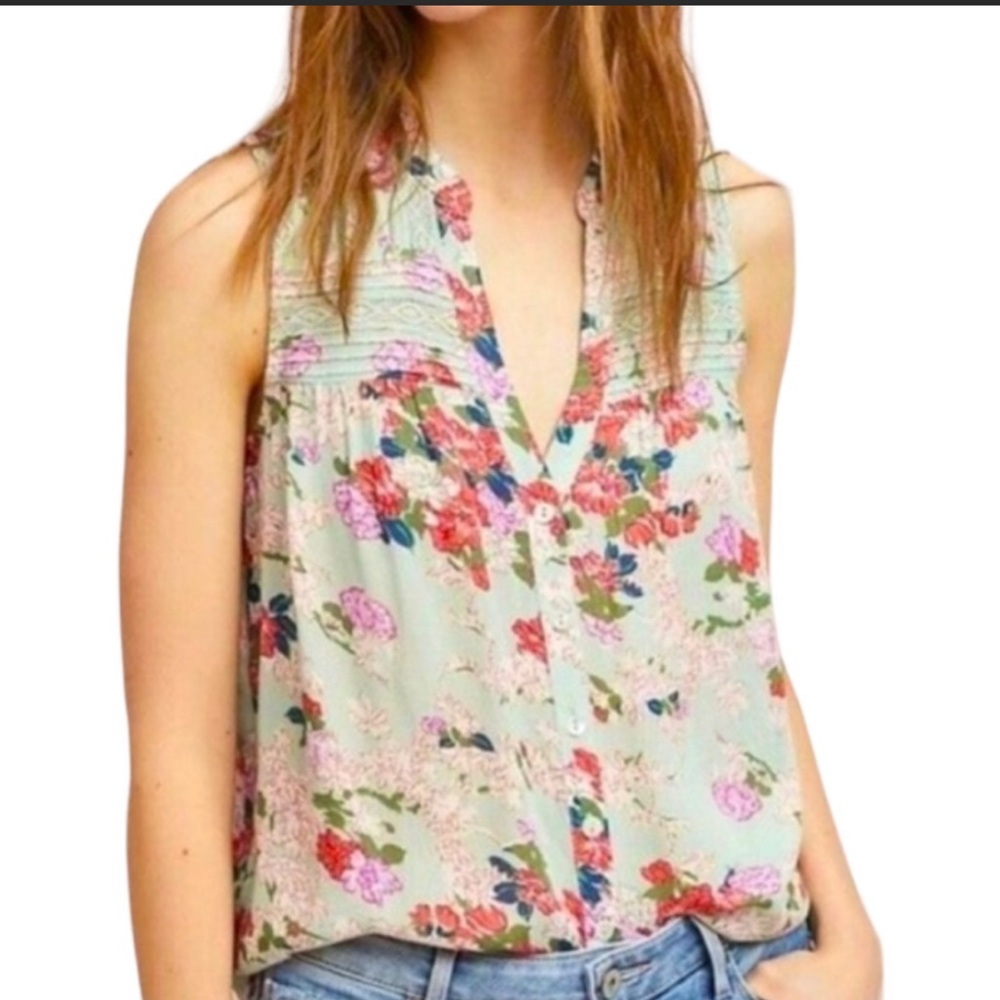 Anthropologie Meadow Rue Mint Green Floral Print Lace Trim Sleeveless Blouse 6